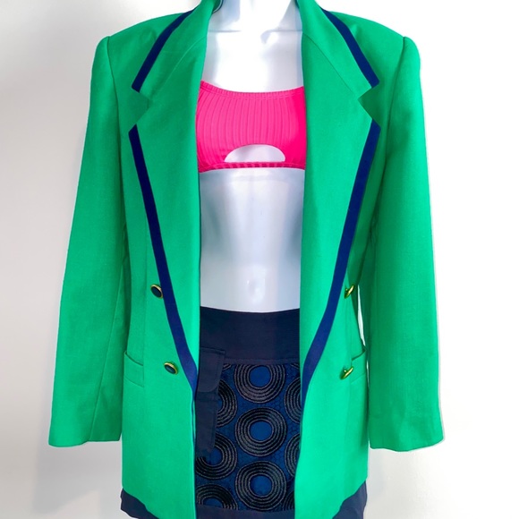 Great Kelly Green & Navy Blue Detail Double Breasted Versatile Wear Blazer - Picture 8 of 11